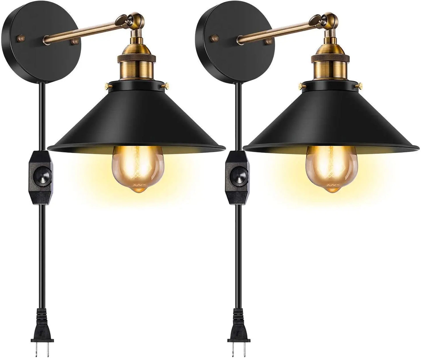Black and gold wall sconce light with plug-in design and adjustable angle.