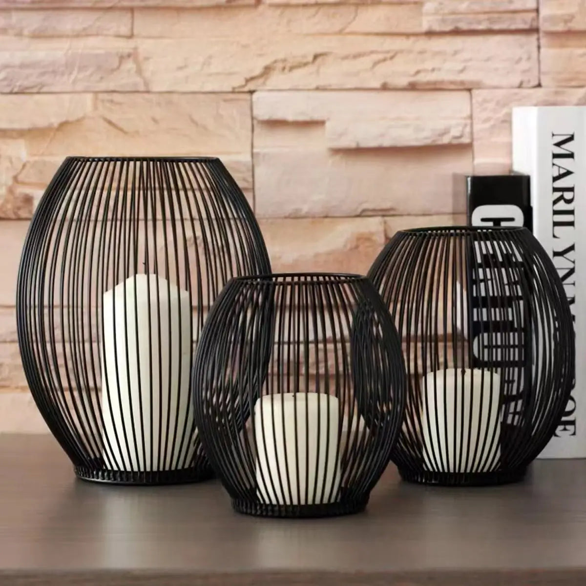 Black metal wire candle holders in 3 sizes, elegant home decor for rustic, modern, and minimalist interiors.