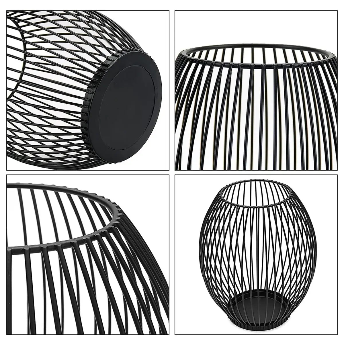 Close-up details of black metal wire candle lantern, sturdy and elegant candle holder with a strong metal base for indoor and outdoor use.