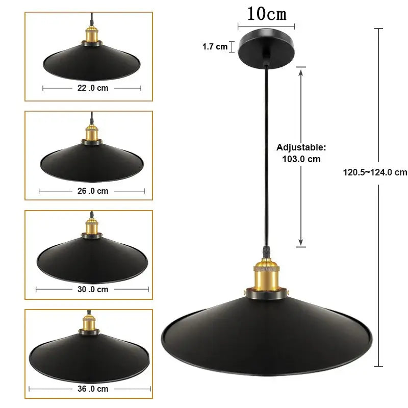 Diagram detailing the dimensions of the black pendant light, including shade diameters (22cm, 26cm, 30cm, 36cm) and adjustable cable length.