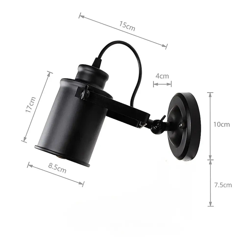 Black industrial wall sconce with size dimensions labeled, showing adjustable arm and metal construction.