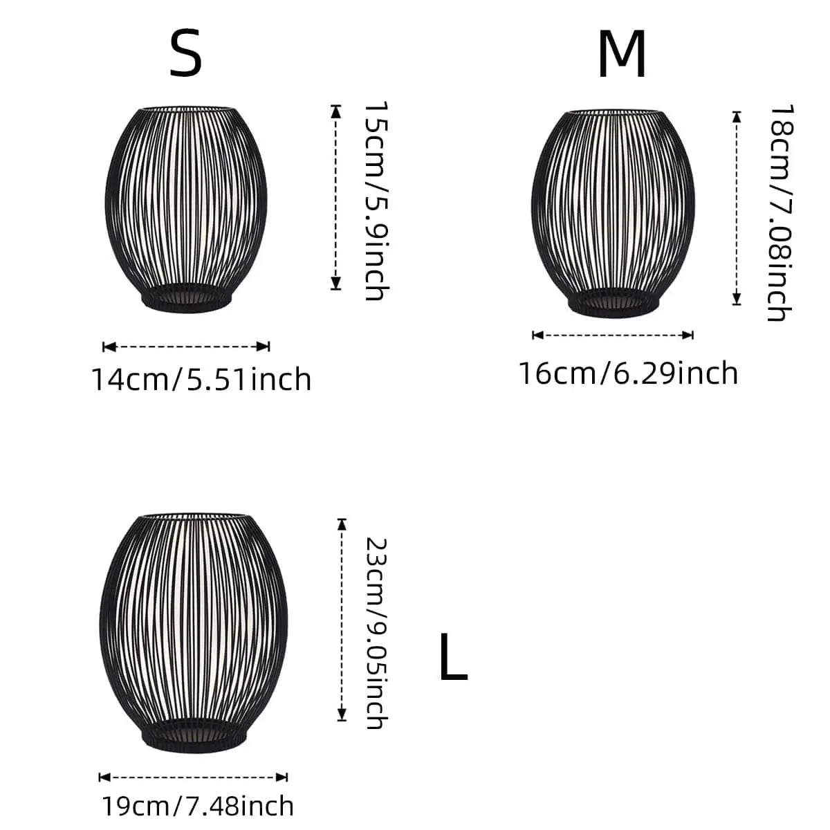 Size guide of black metal wire candle lanterns, featuring small, medium, and large dimensions for flexible home decor arrangements.