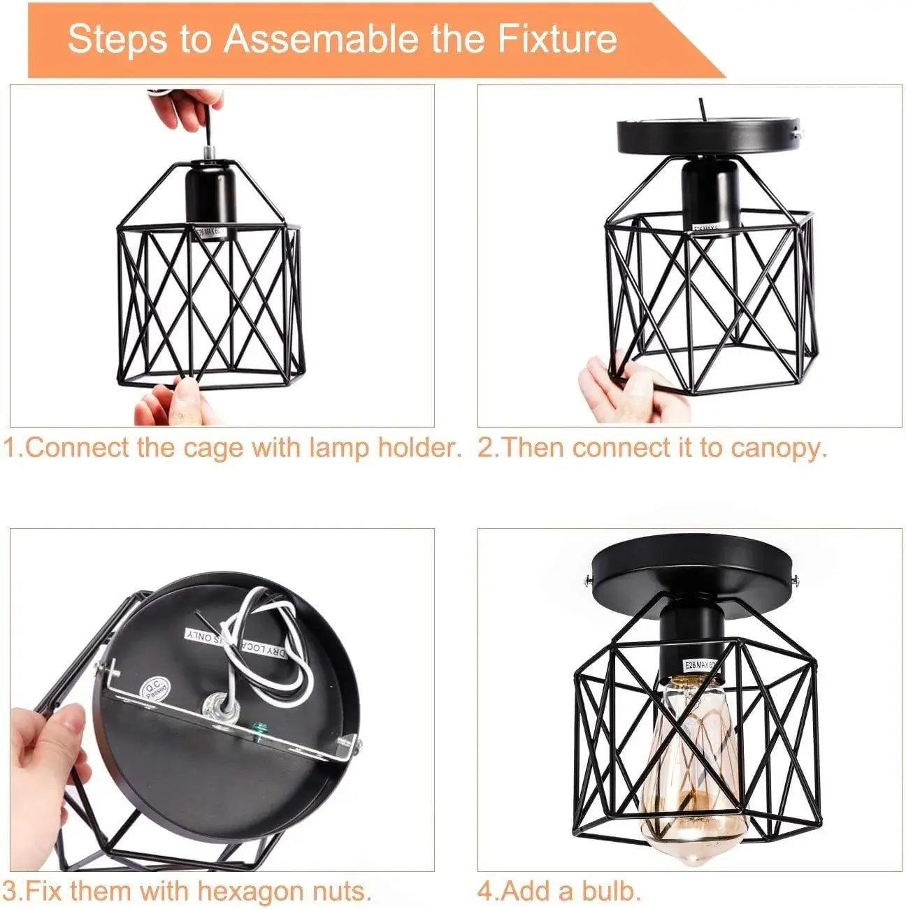 Step-by-step installation guide for a new ceiling light fixture, showing wiring details.