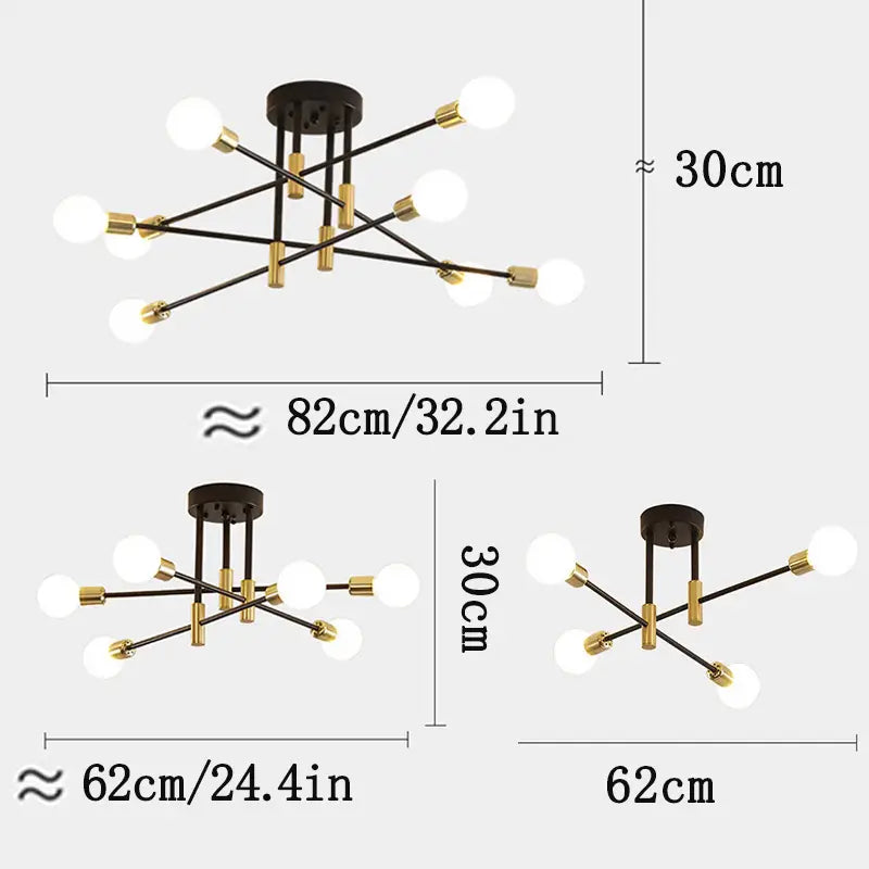 Ceiling light dimensions showing size options for black and gold ceiling light fixtures.