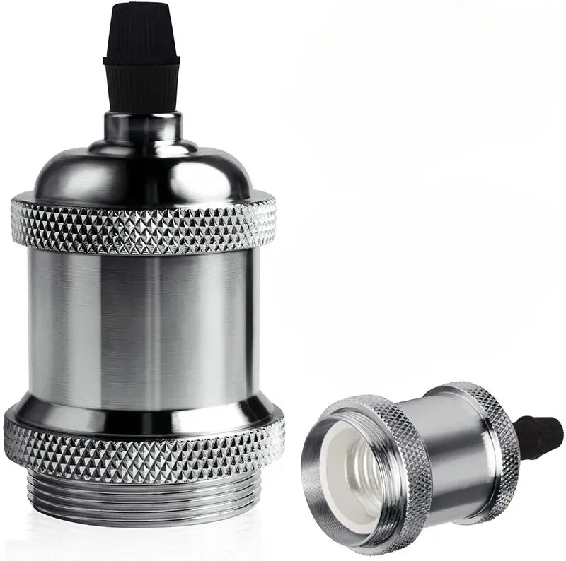 Industrial-style E26 metal light socket in polished chrome finish, compatible with Edison bulbs.