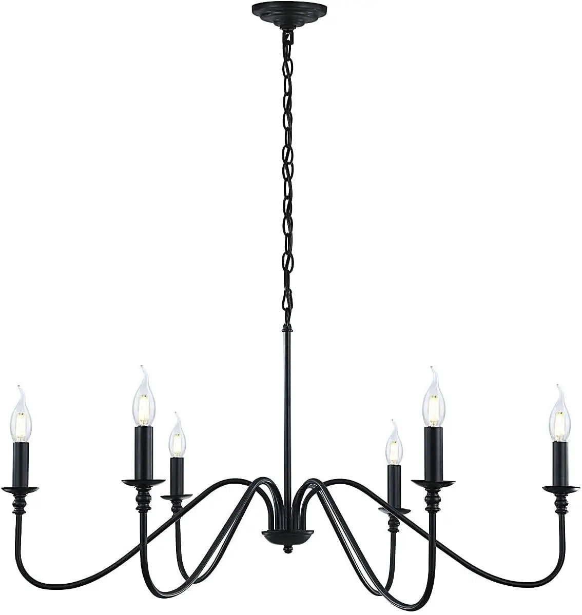 A classic black 6-light chandelier with exposed bulb bases and a simple chain suspension.