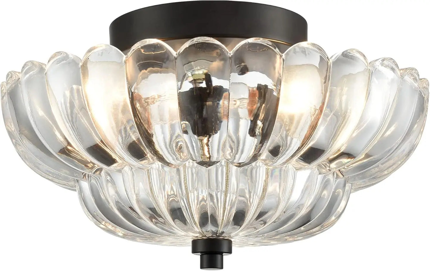 Close-up of clear glass ceiling flush mount light with black base, showcasing scalloped vintage-style design