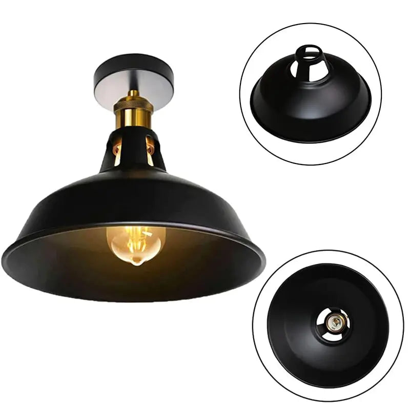 Close-up of a vintage industrial ceiling light, highlighting the black finish and bulb socket design.