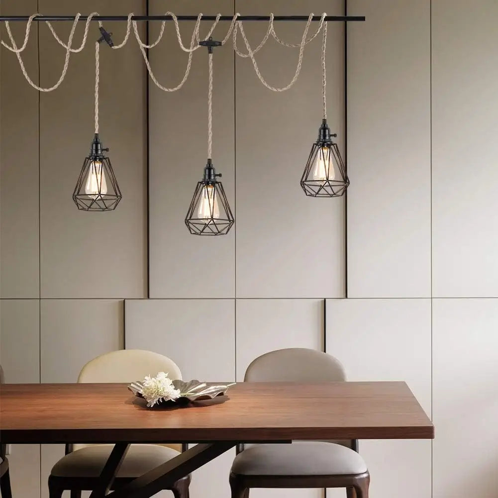 Rustic dining room with plug-in pendant lights and industrial cage shades