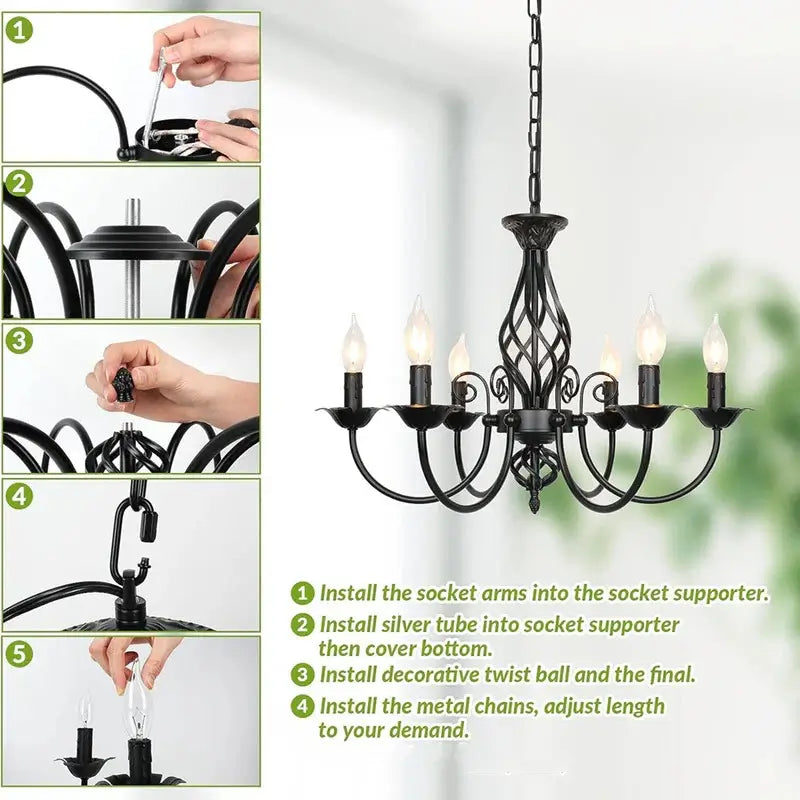 Easy installation steps for farmhouse rustic vintage black chandelier, showing assembly of socket arms, silver tube, decorative ball, and chain.