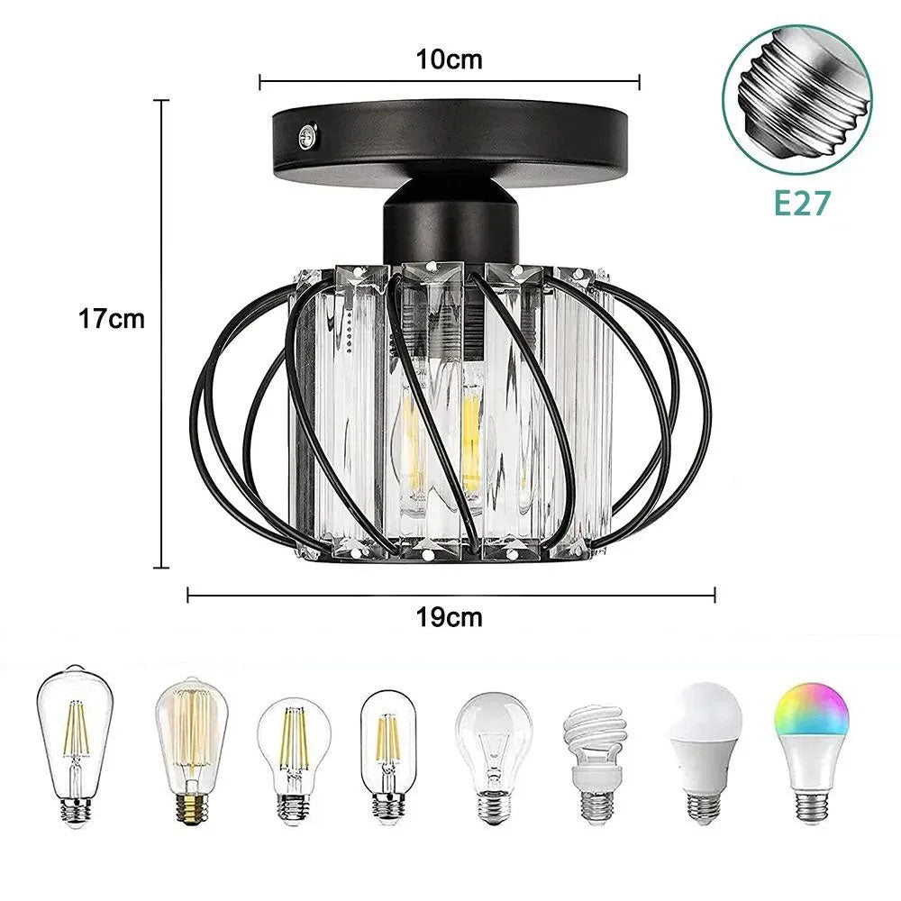 Elegant crystal ceiling light with dimensions, 19cm width and 17cm height, compatible with various E27 bulbs, perfect for stylish interiors.