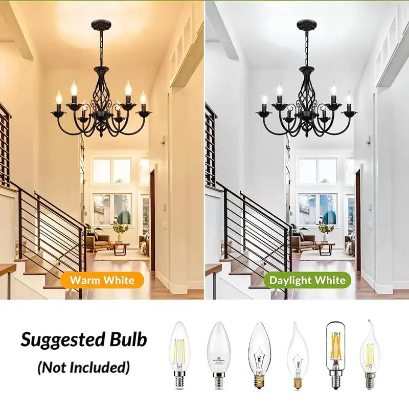 Vintage wrought iron black farmhouse chandelier demonstrating warm white and daylight white bulb options for different ambiance.