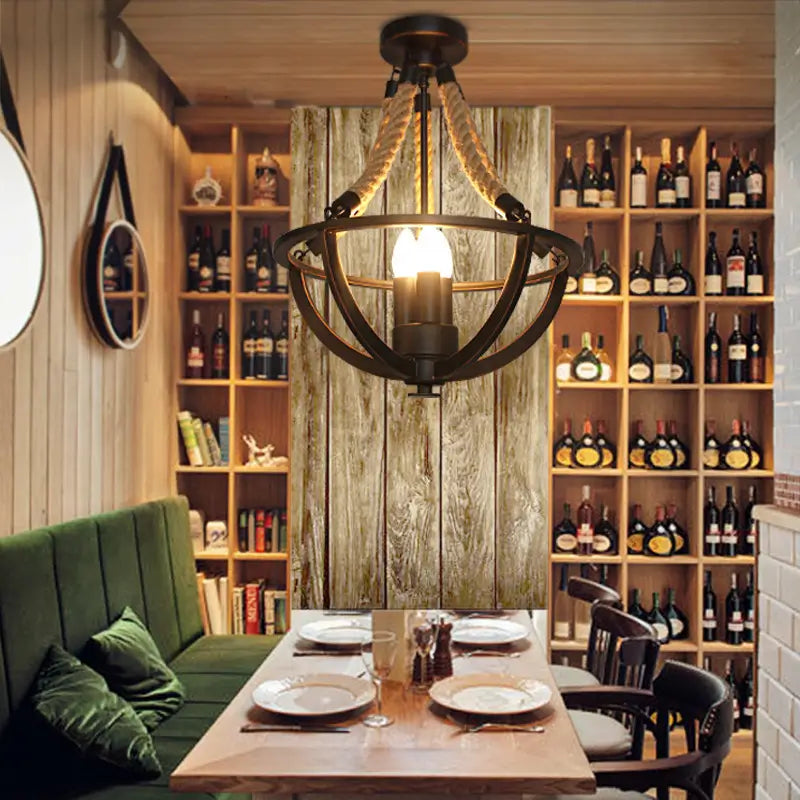 Farmhouse-style rustic chandelier with twisted hemp ropes and candle-shaped bulbs, ideal for dining rooms, cafes, and bars.