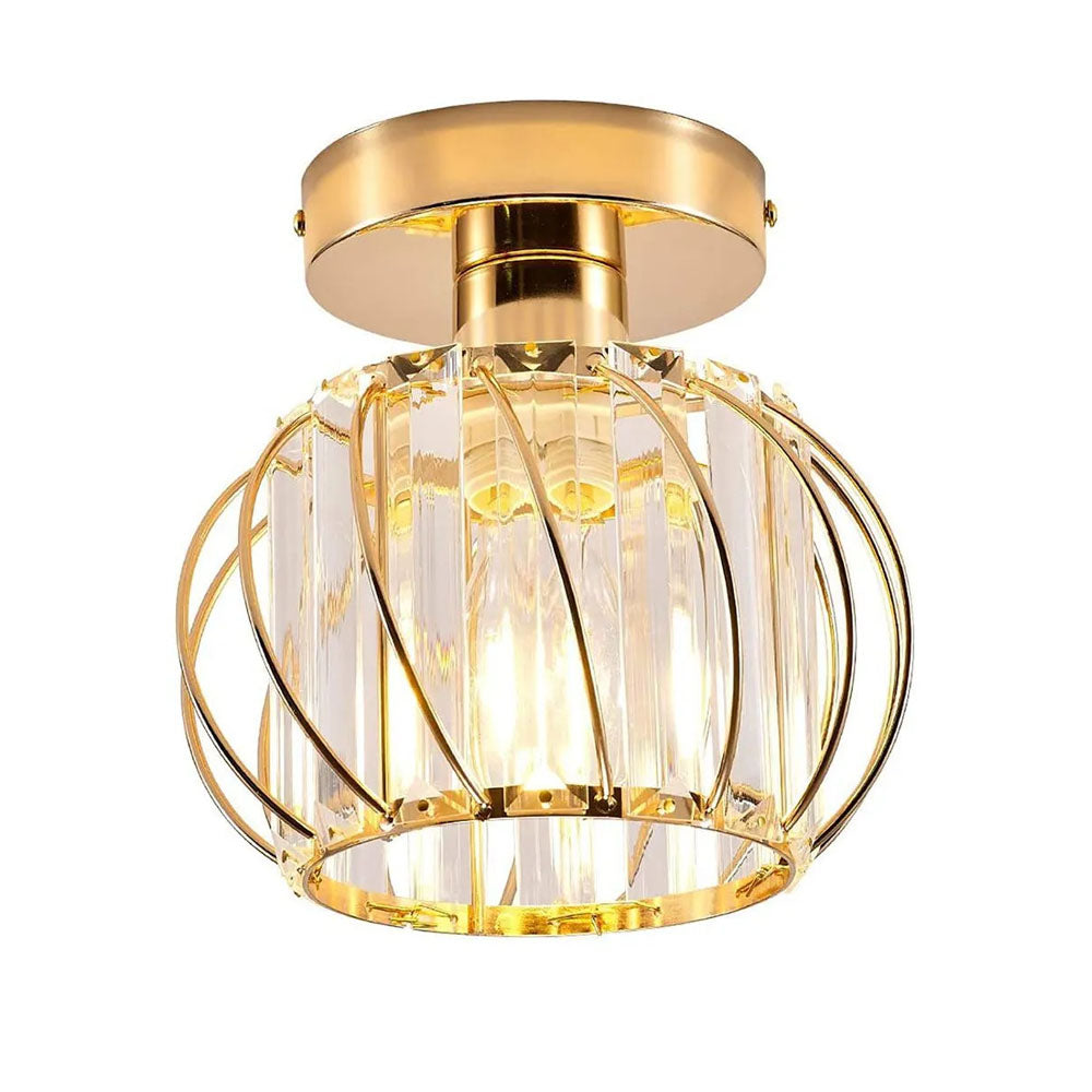 Gold crystal flush mount ceiling light, decorative lighting fixture for bedrooms and living spaces, enhances room elegance.
