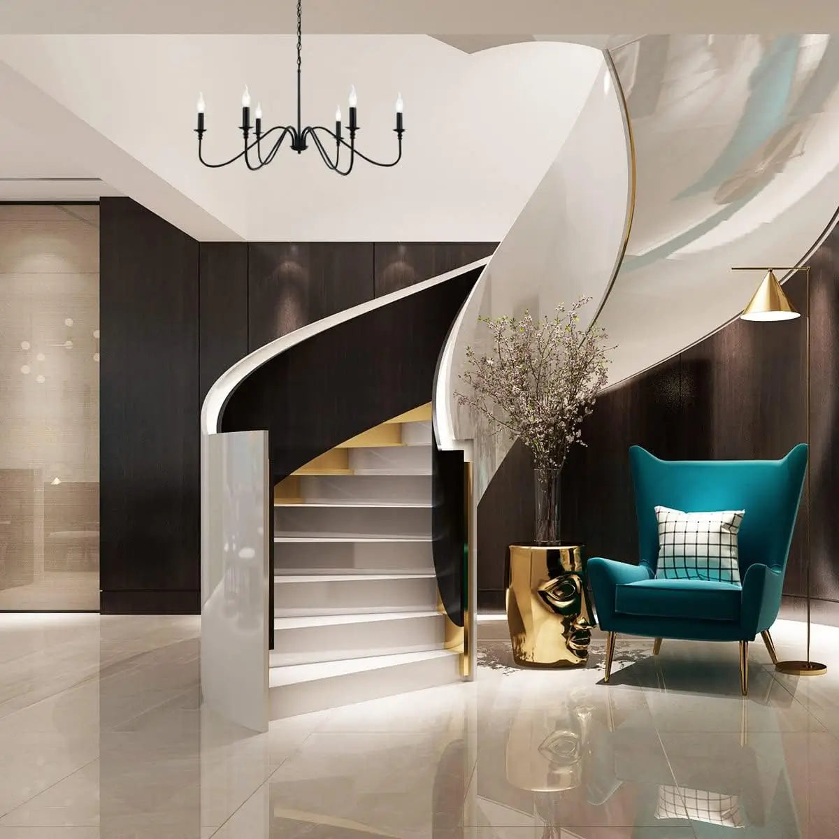 An elegant black 6-light chandelier positioned in a grand entryway with a modern spiral staircase and stylish decor.