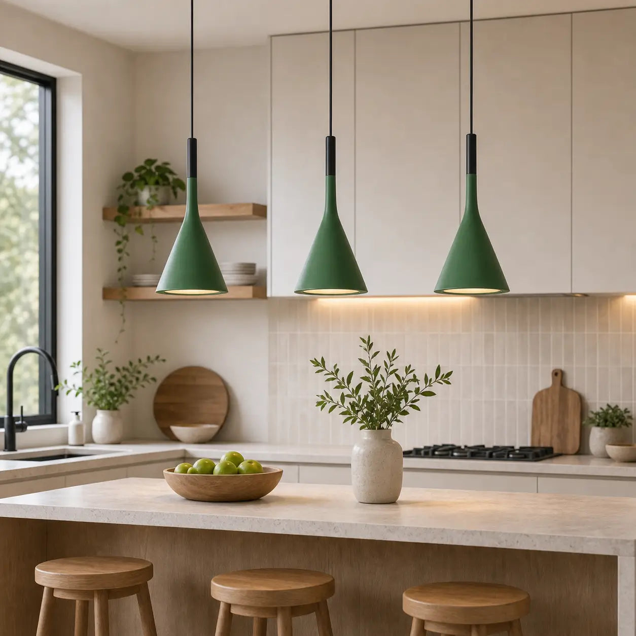 Three green cone pendant lights installed in a row above a light-toned kitchen island.