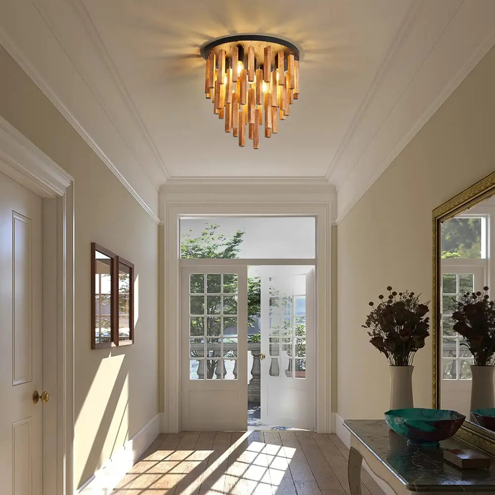 Hallway with natural light featuring a flush mount wooden chandelier ceiling light fixture