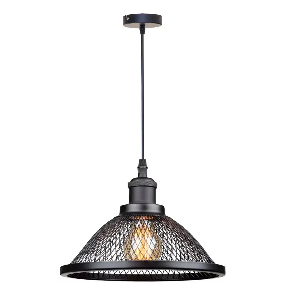Front view of an industrial black metal mesh pendant light with a matching dark (gunmetal/black) finished bulb holder, showcasing its minimalist and versatile design.