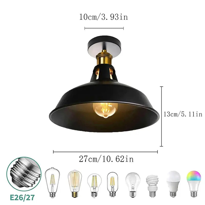 Detailed dimensions of an industrial black ceiling light, compatible with E26/E27 bulbs, ideal for various home setups.