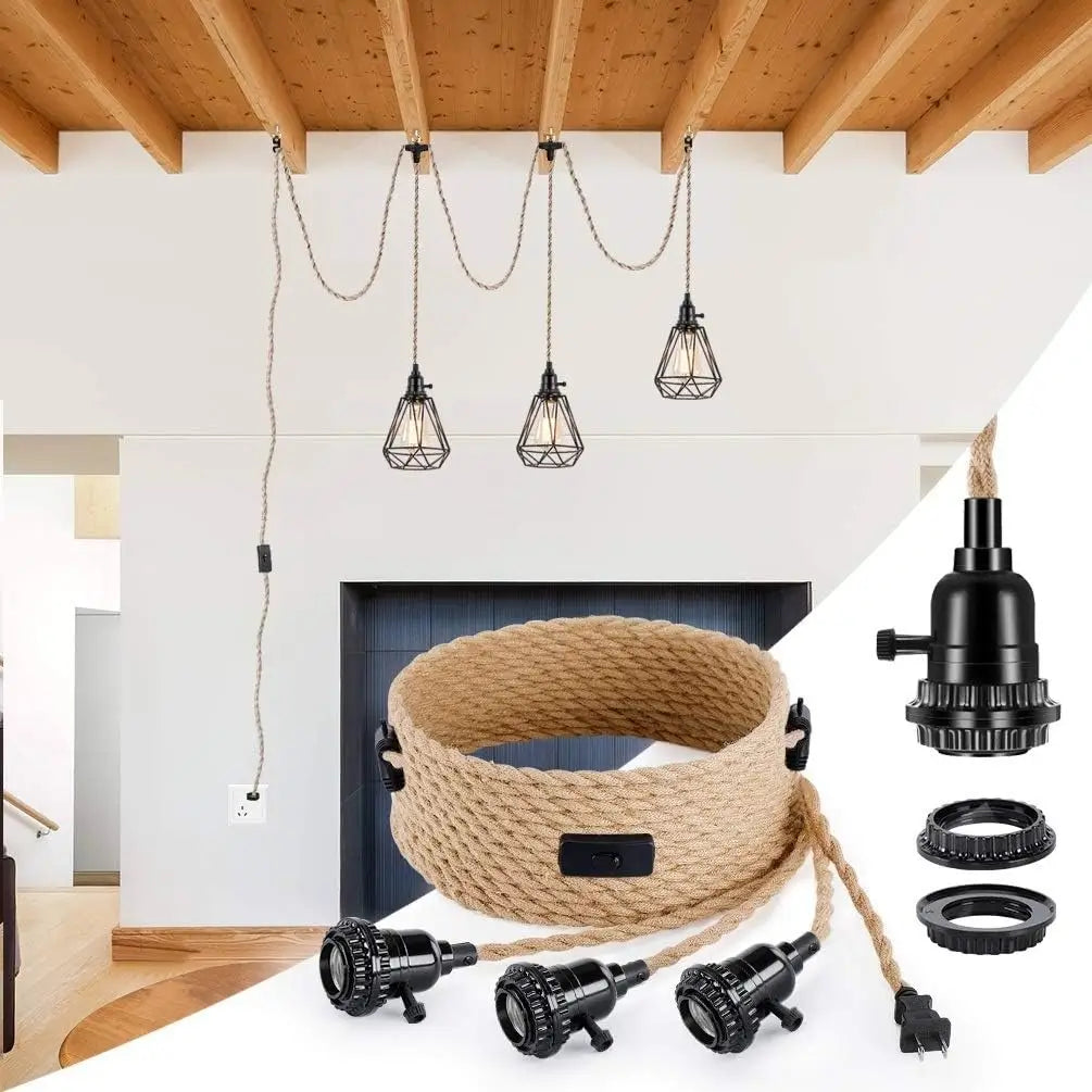 Industrial plug-in rope pendant lights hanging from wooden ceiling