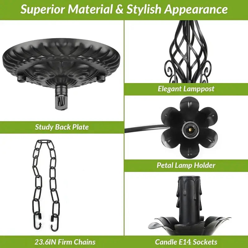 Detailed view of industrial rustic black 6-light chandelier showing elegant lamppost, petal lamp holders, E14 sockets, and 23.6-inch firm chains.