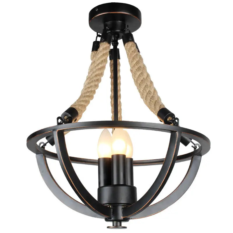 Industrial vintage ceiling light featuring a black metal frame and rustic rope accents, perfect for farmhouse and loft-style interiors.