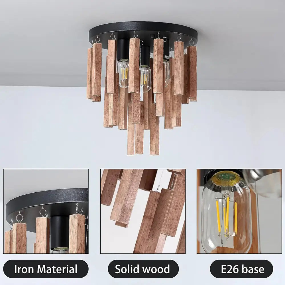 Detailed view showing iron base, solid wood pendants, and E26 light socket.
