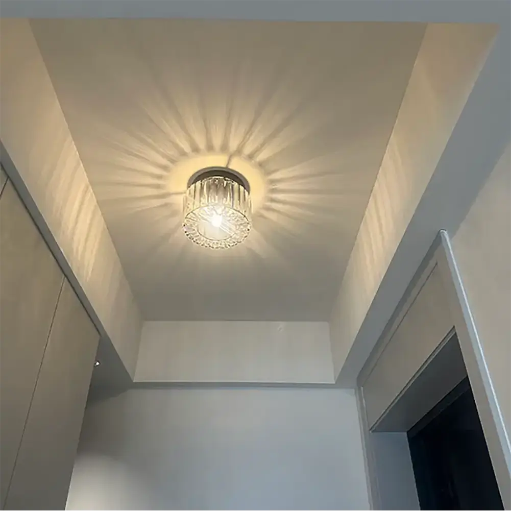 Crystal ceiling light designed for small spaces like hallways or entryways, providing soft light.