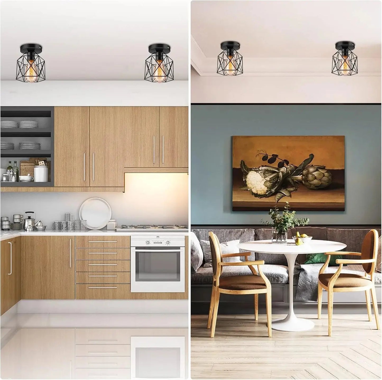 Kitchen and dining area with multiple industrial lighting fixtures, creating a cohesive look.