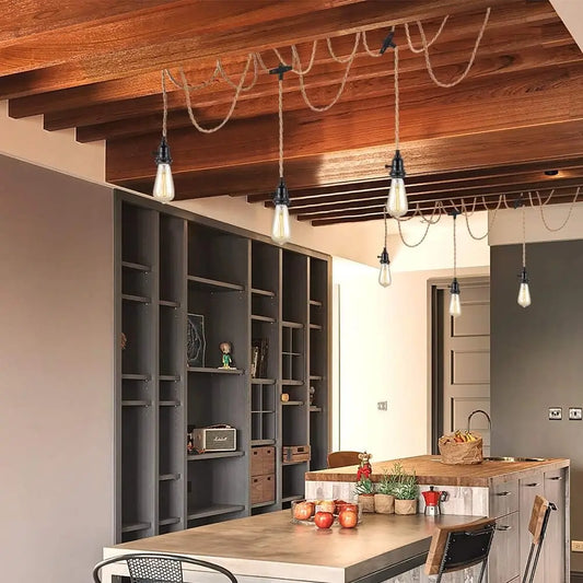 Warm kitchen with vintage plug-in pendant lighting setup using hemp rope