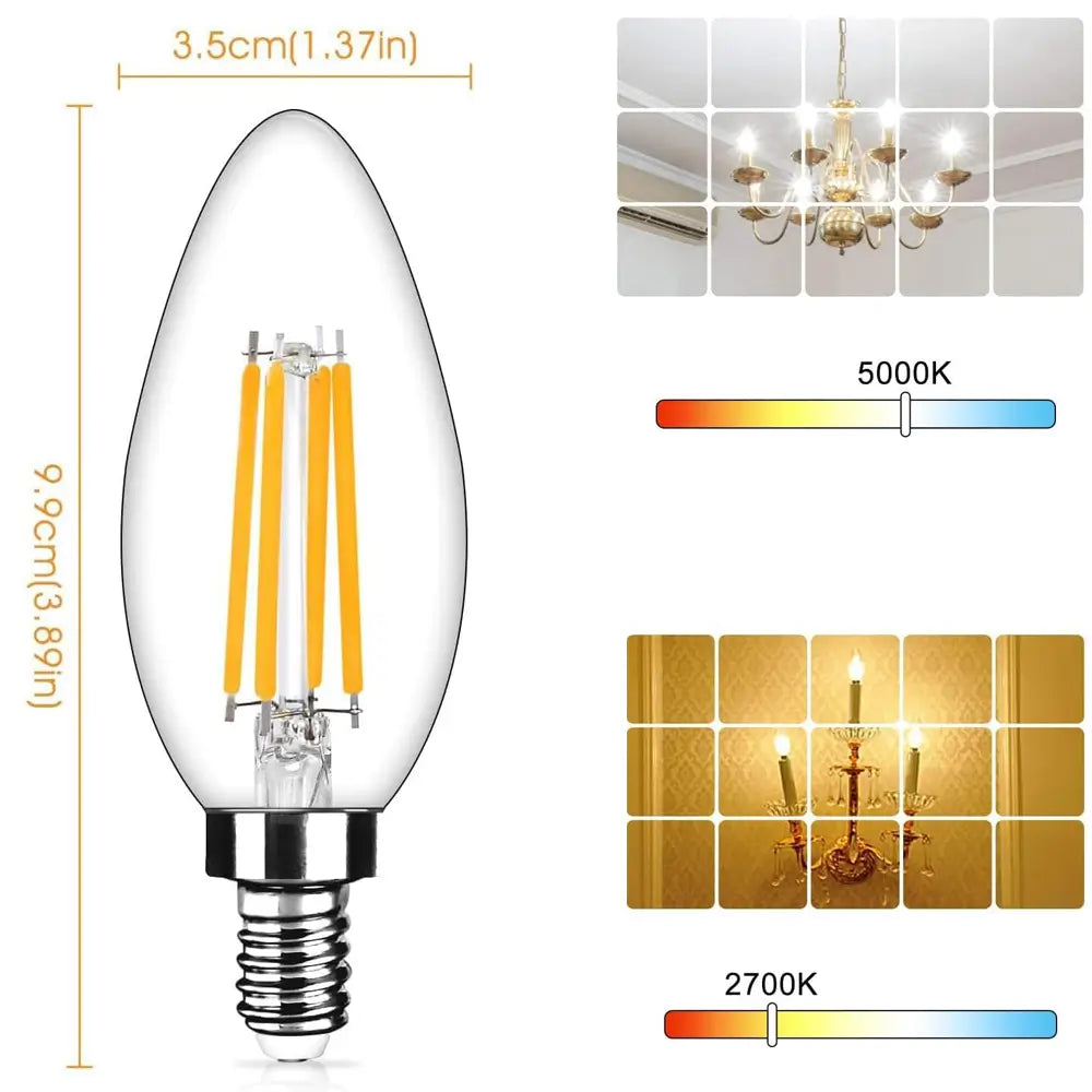 Candle shape LED bulb with E12 base, 3.5cm wide and 9.9cm tall, showing color temp range