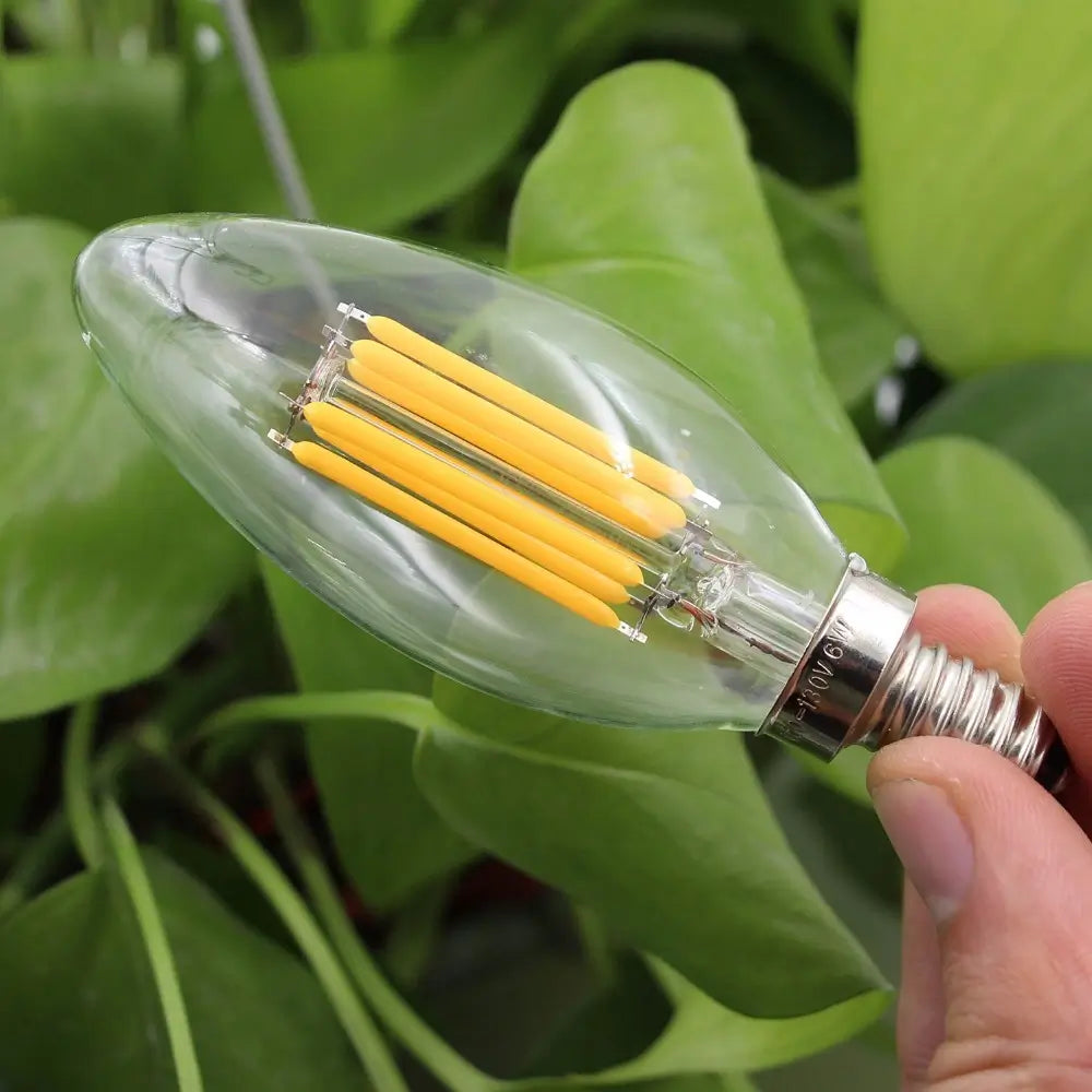 Close-up of E12 LED candelabra bulb with visible filaments