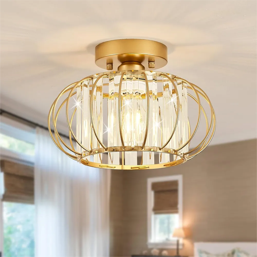 Luxury gold crystal ceiling light for living room, modern ceiling lamp with crystal details, perfect for elegant home decor.