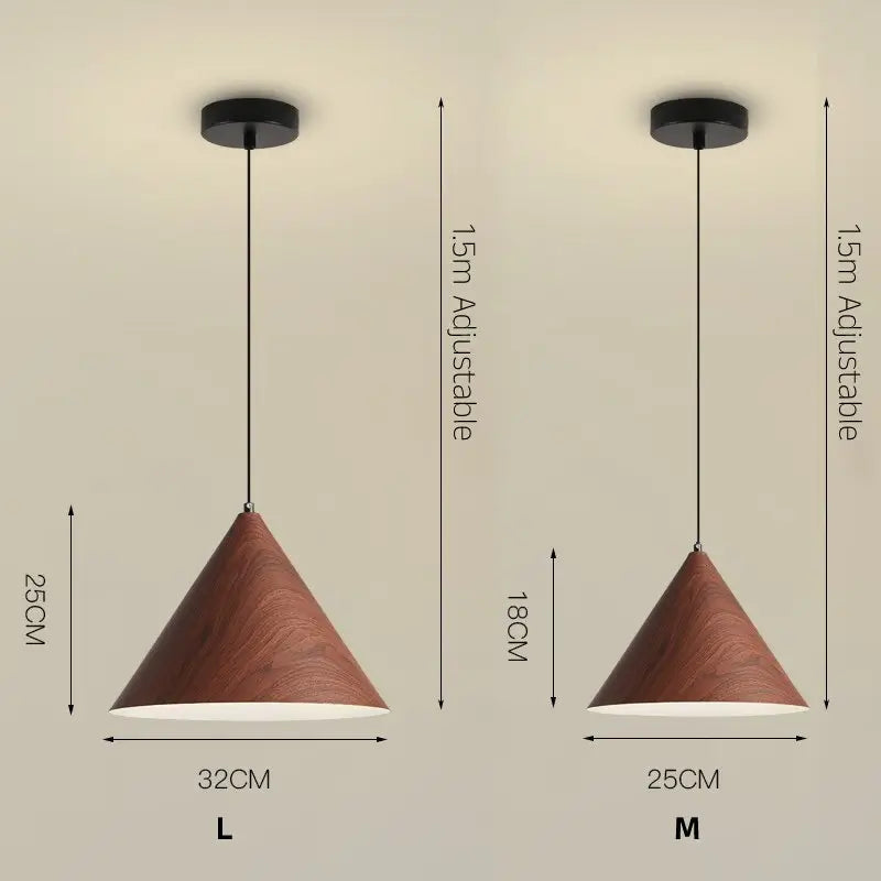 Two size options for metal pendant lights with wood-effect coating.