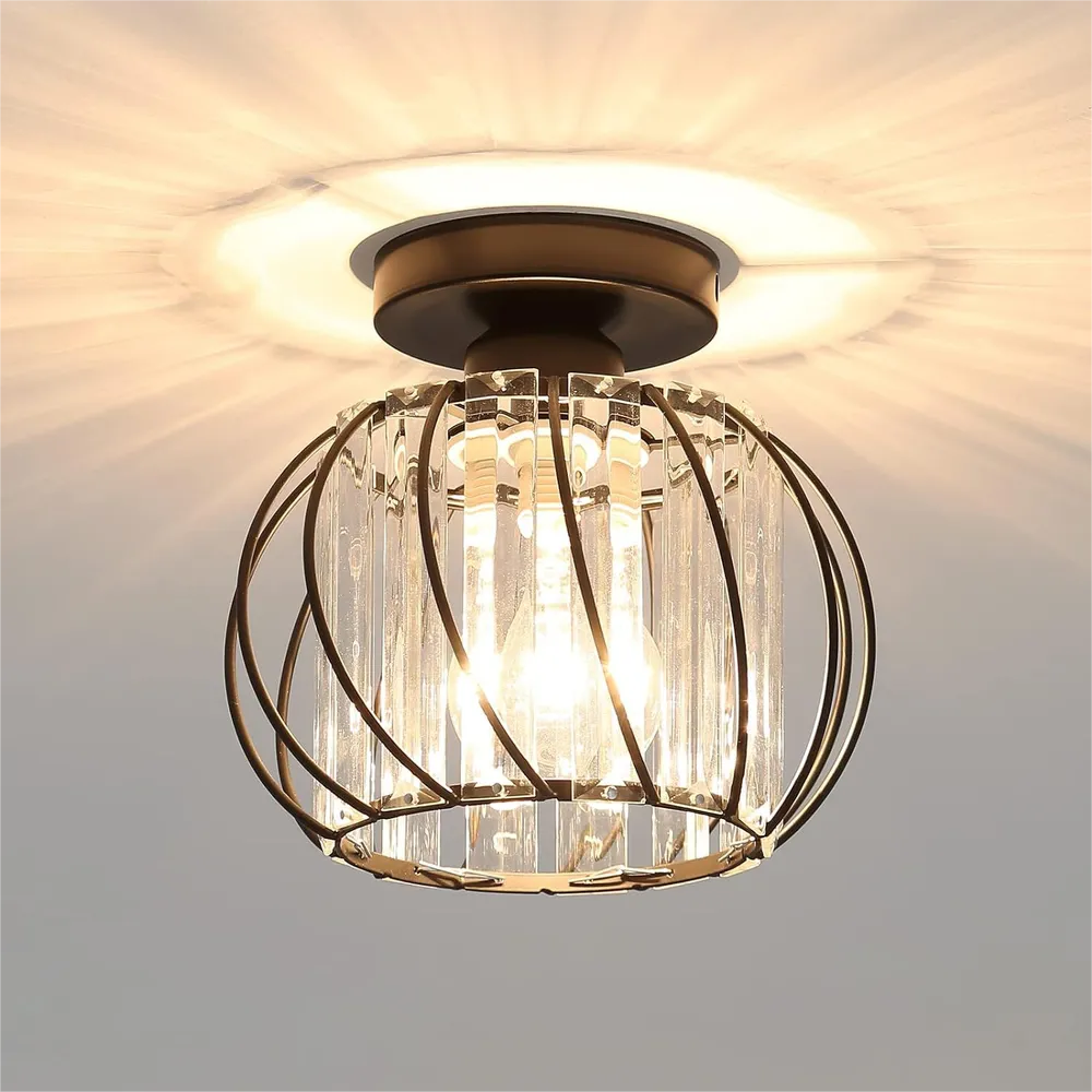 Modern black crystal ceiling light, industrial-style ceiling lamp with clear crystals, perfect for contemporary interiors.