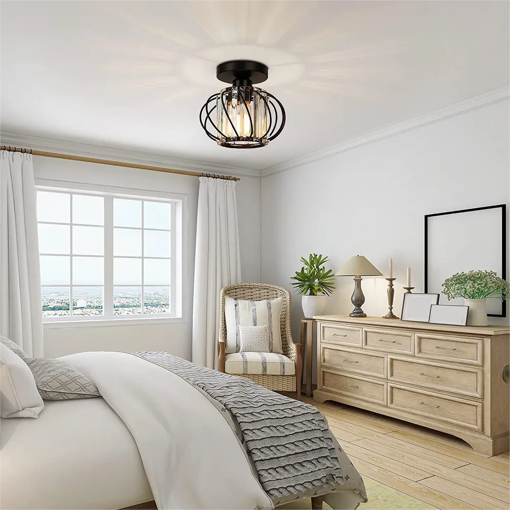 Modern crystal ceiling light in bedroom, chic black finish with crystal elements, stylish lighting for cozy bedrooms.