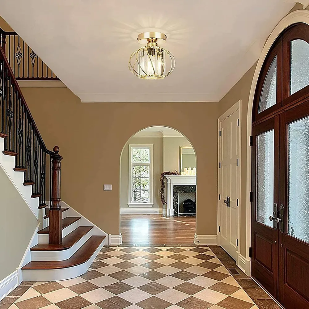 Modern crystal ceiling light in hallway, gold finish ceiling lamp with decorative crystals, ideal for entryways and foyers.