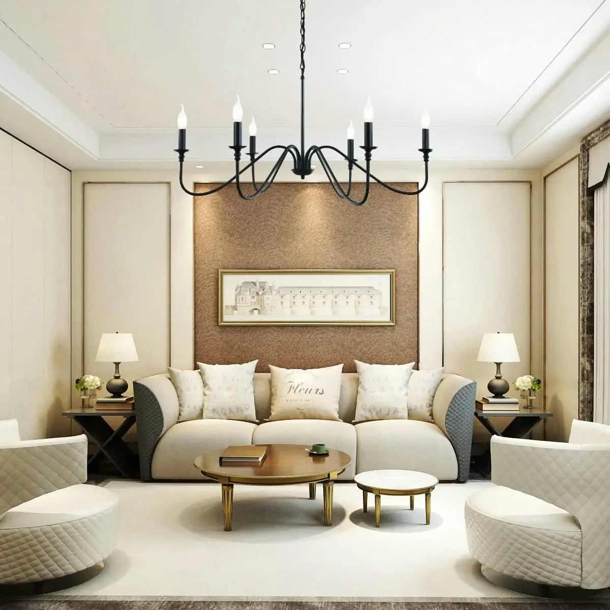 A black 6-light chandelier illuminating a modern farmhouse living room with neutral furniture and a textured accent wall.