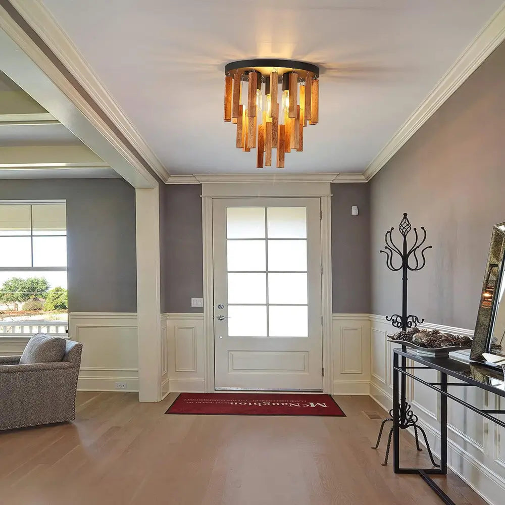 Modern foyer decorated with wooden flush mount ceiling light