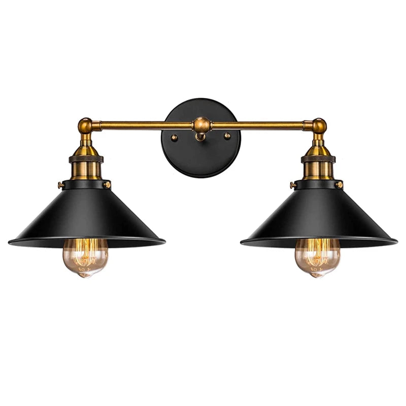 Modern industrial double wall sconce with black shades and gold fittings, ideal for kitchens, hallways, or living rooms.