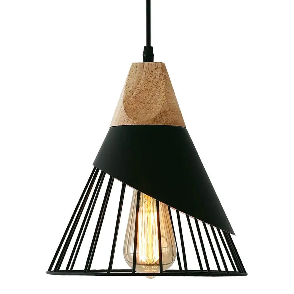 Close-up of a modern industrial pendant light with a wooden top and black metal cage shade.