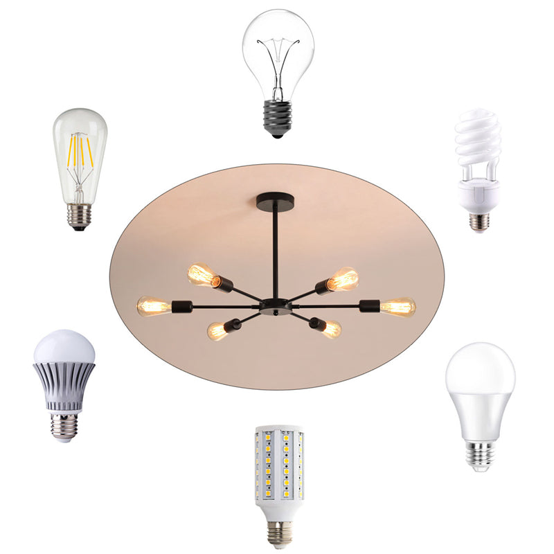 Modern industrial sputnik chandelier displayed with compatible E27 bulbs including LED, CFL, and incandescent types.