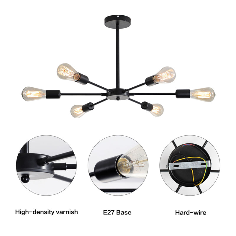 Close-up details of the modern industrial sputnik chandelier, showcasing E27 base, high-density varnish, and hard-wired design.