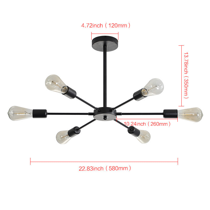 Modern industrial sputnik chandelier with dimensions labeled, showing size and measurements for reference.