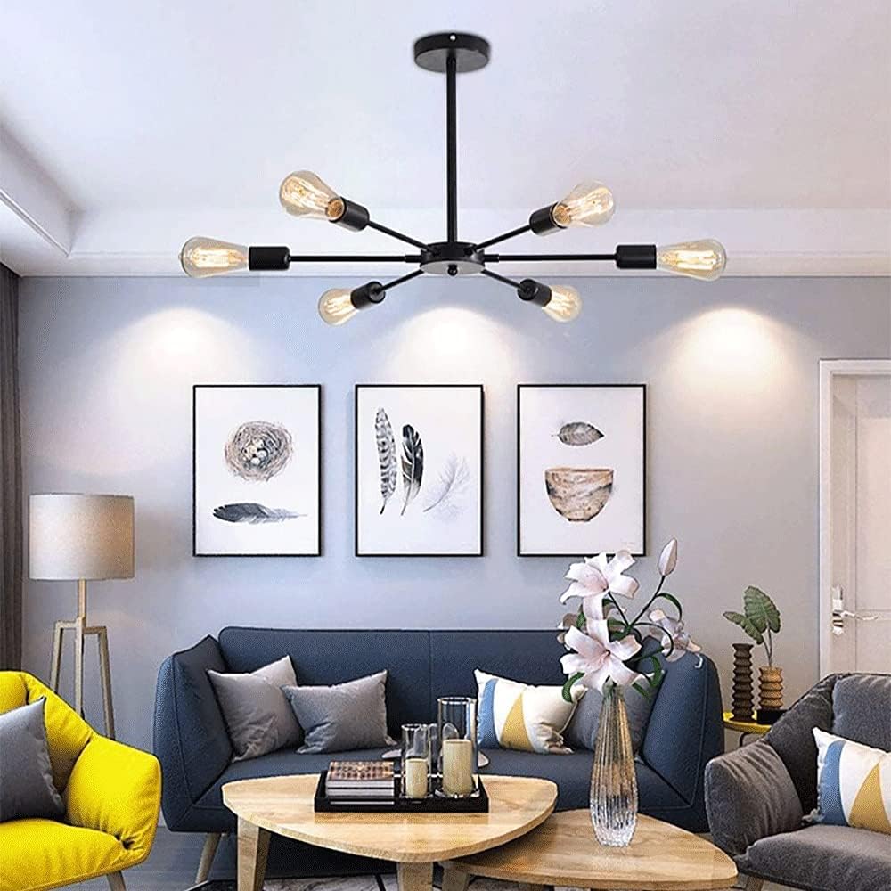 Modern industrial sputnik chandelier installed in a stylish living room with contemporary furniture, wall art, and a cozy ambiance.