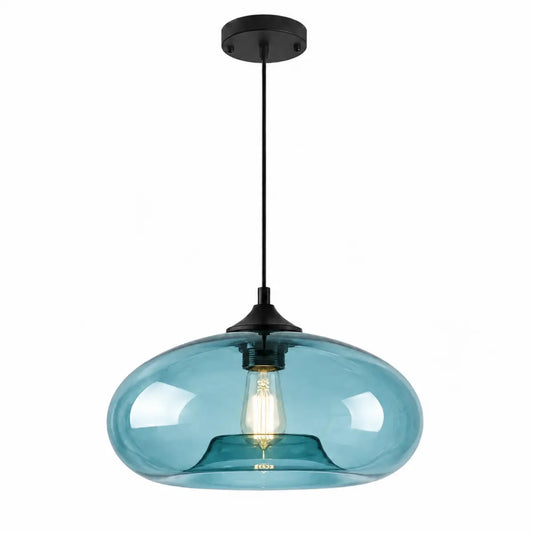 Blue modern oval glass pendant light with black canopy and cord on a white background.