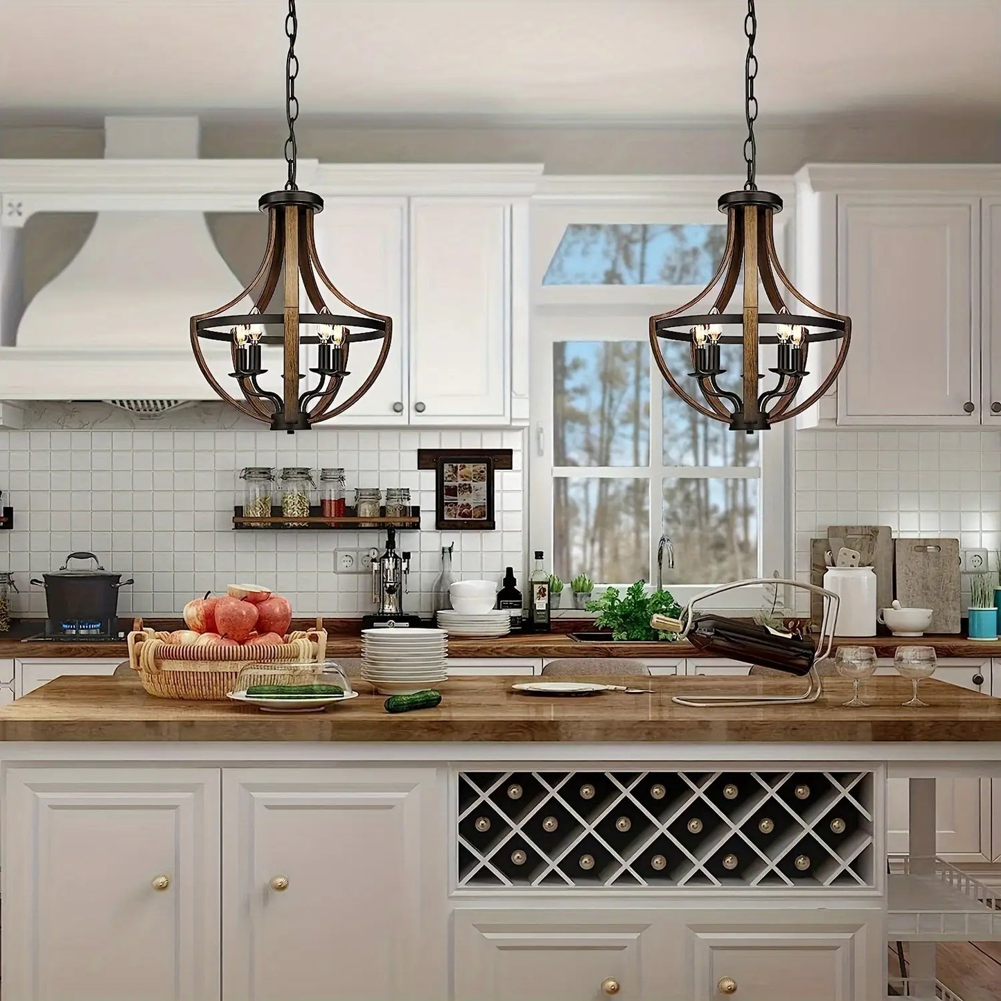 Modern rustic dining room featuring a stylish farmhouse pendant chandelier.