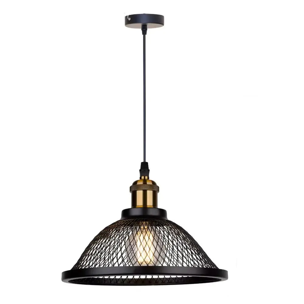 Front view of a modern vintage style black metal mesh pendant light with a prominent brass-toned bulb holder, ideal for industrial or farmhouse decor.