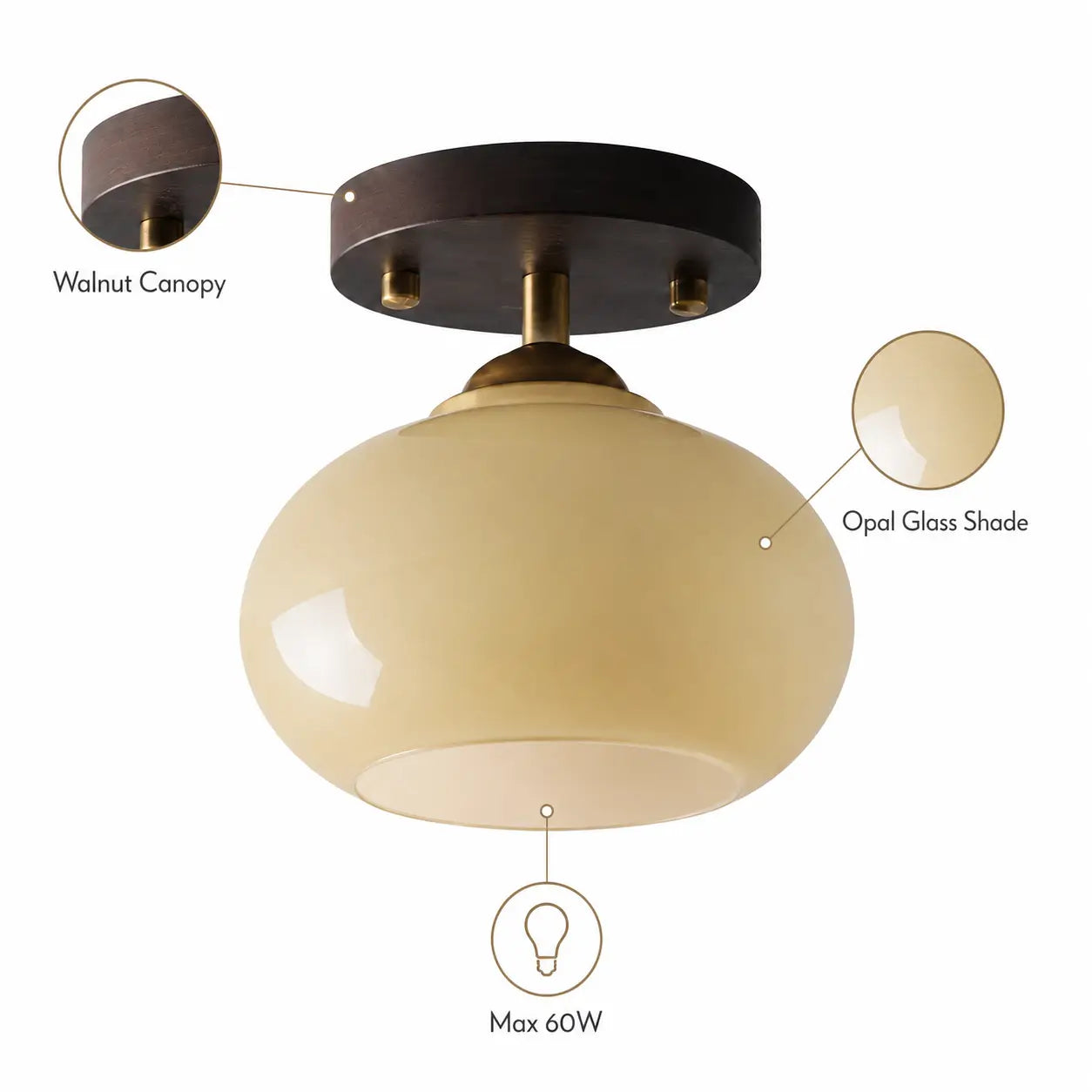 Opal glass ceiling light labeled with walnut canopy and opal glass shade details