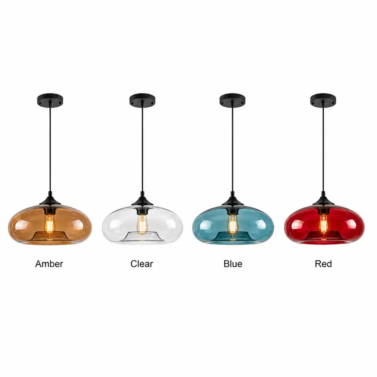 Modern oval glass pendant light color options shown in Amber, Clear, Blue, and Red.